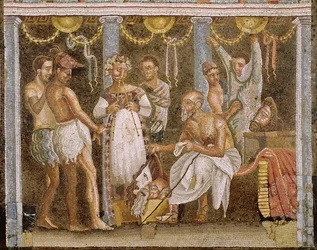 Actors rehearsing for a Satyr play